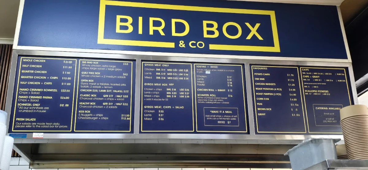 Menu, Bird Box & Co