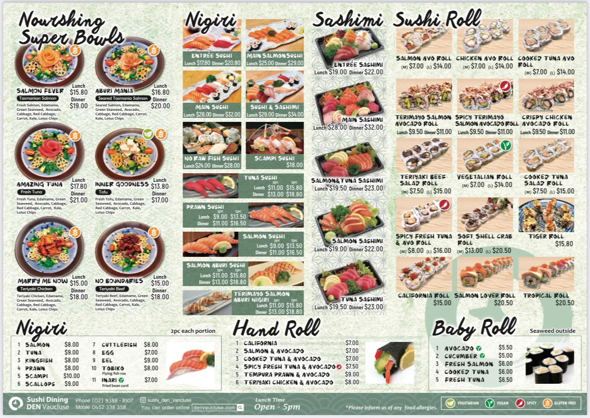 Menu, Sushi Dining Den Vaucluse