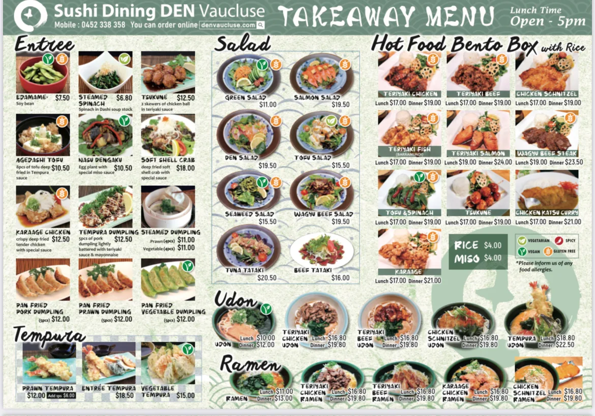 Menu, Sushi Dining Den Vaucluse