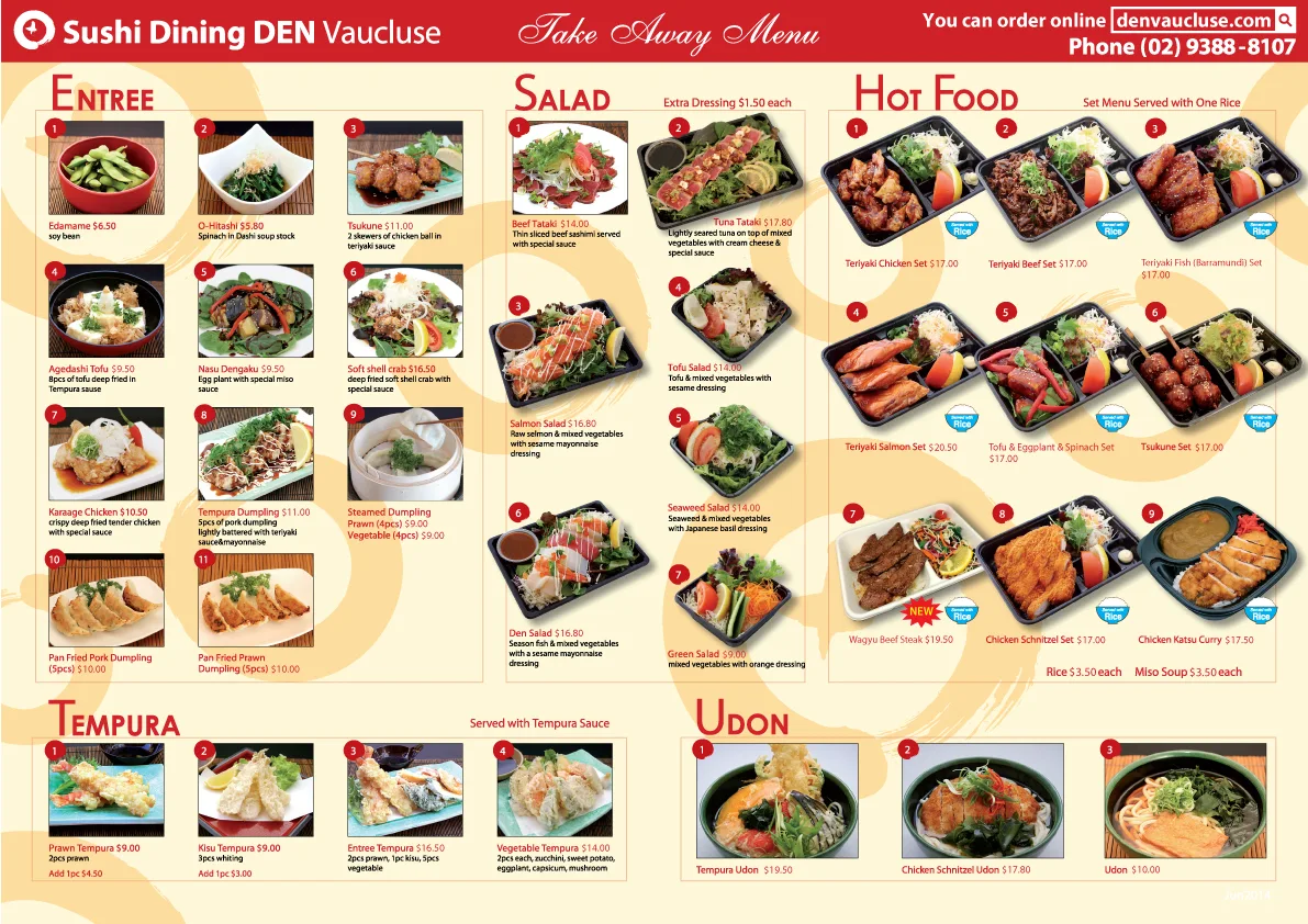 Menu, Sushi Dining Den Vaucluse
