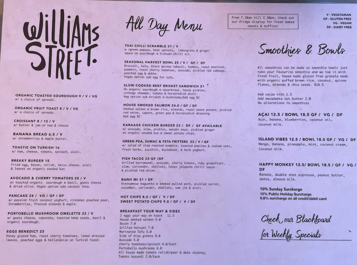 Menu, Williams St