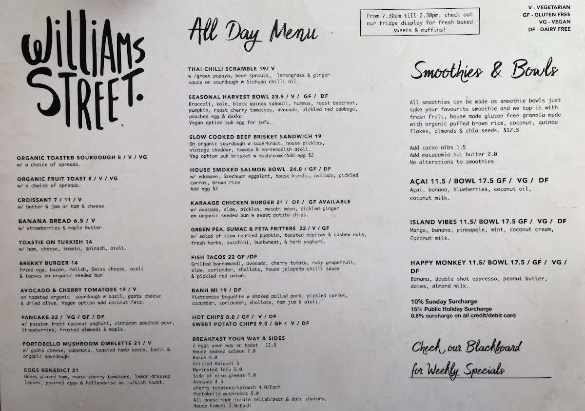 Menu, Williams St