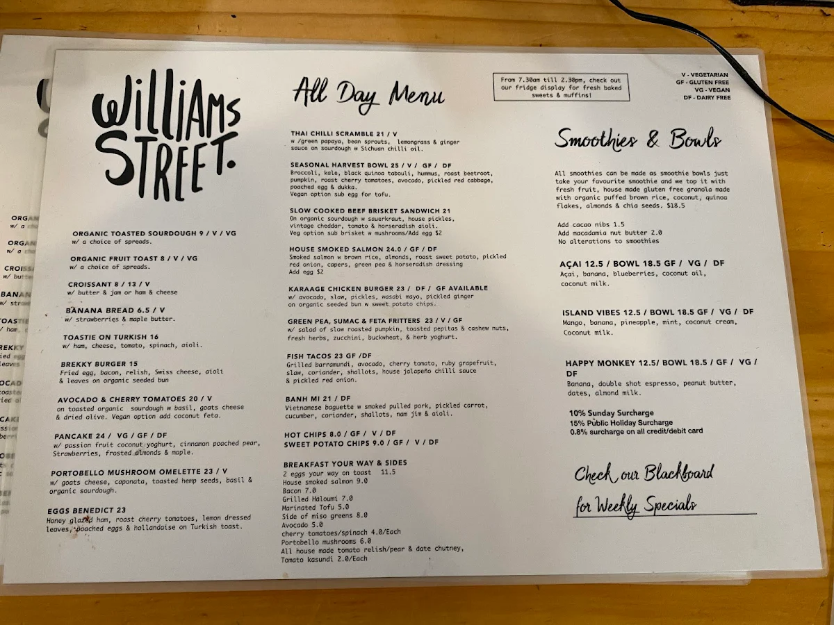 Menu, Williams St