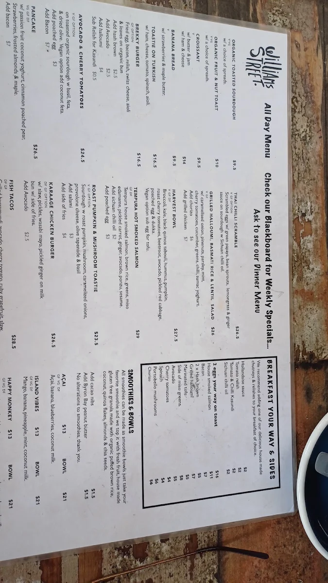 Menu, Williams St