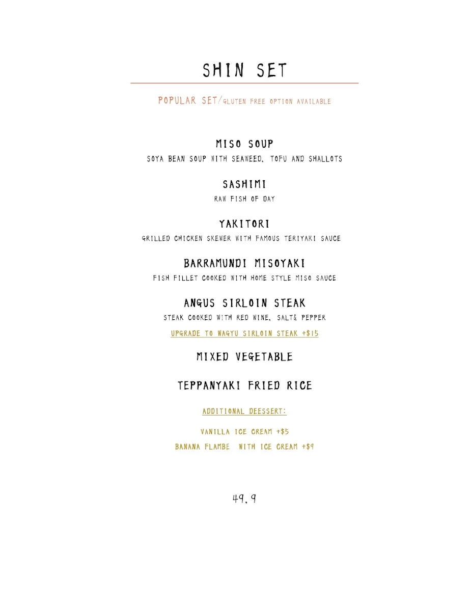 Menu, Shin Sen Teppanyaki Restaurant