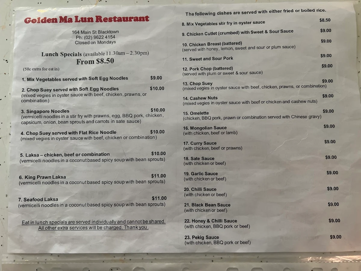 Menu, Golden Ma Lun Restaurant