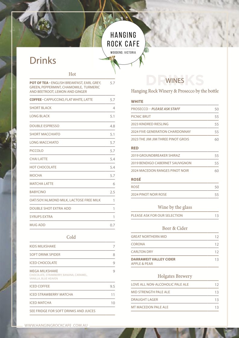 Menu, Hanging Rock Cafe