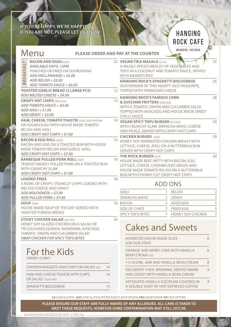 Menu, Hanging Rock Cafe