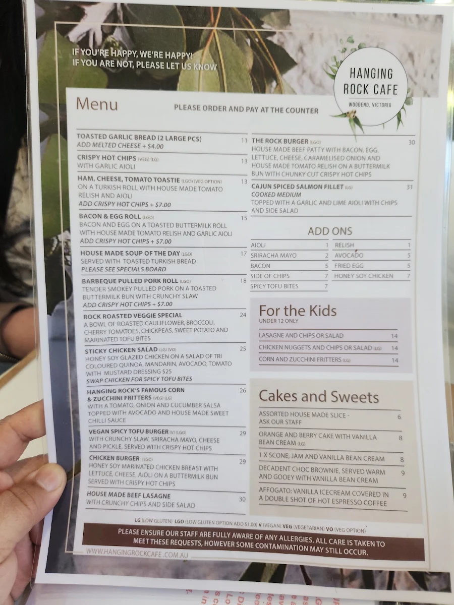 Menu, Hanging Rock Cafe