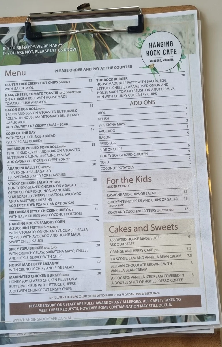 Menu, Hanging Rock Cafe