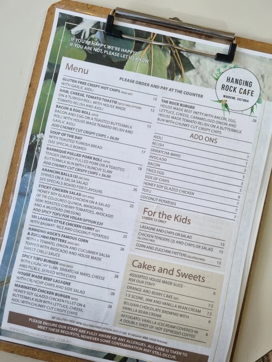 Menu, Hanging Rock Cafe