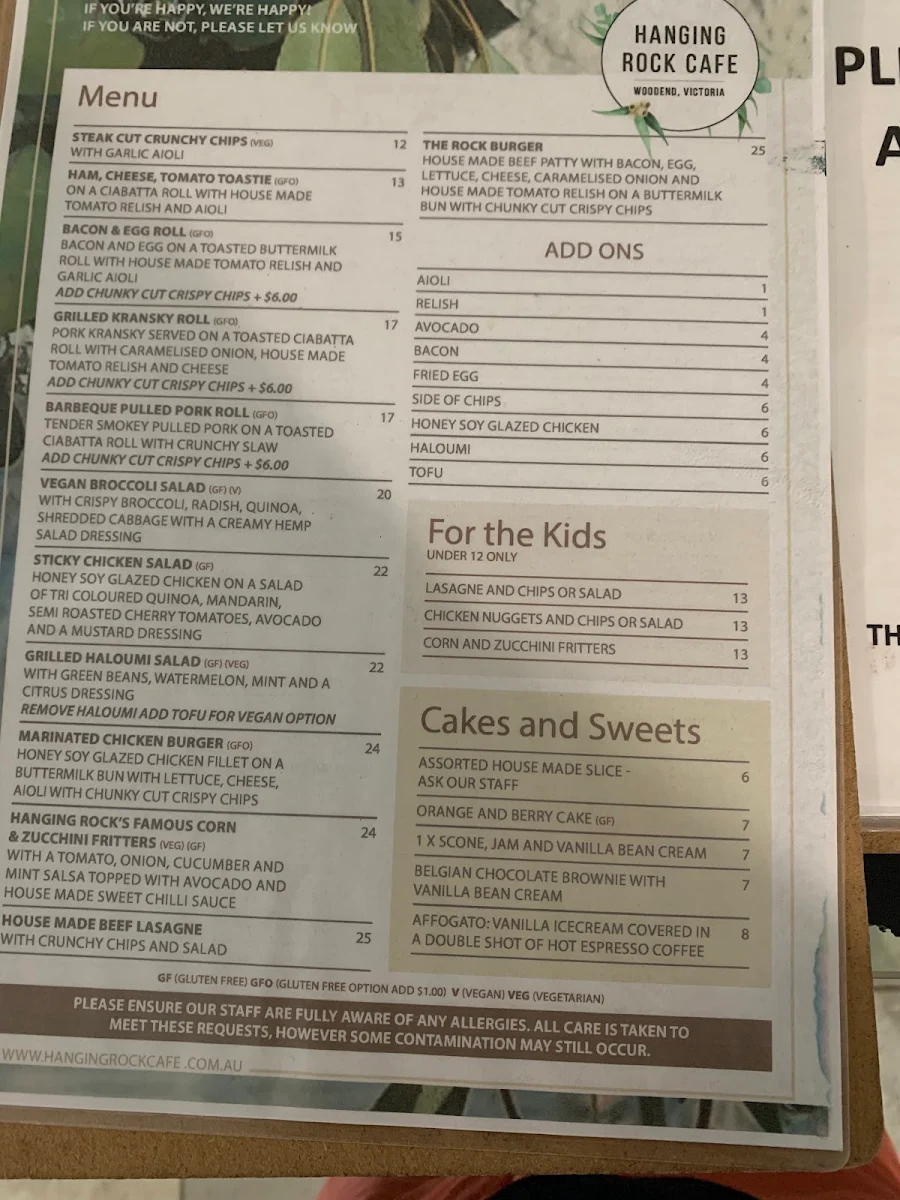 Menu, Hanging Rock Cafe