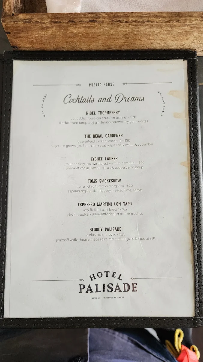 Menu, Hotel Palisade