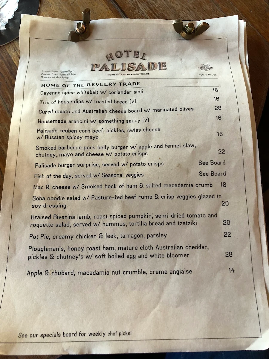 Menu, Hotel Palisade