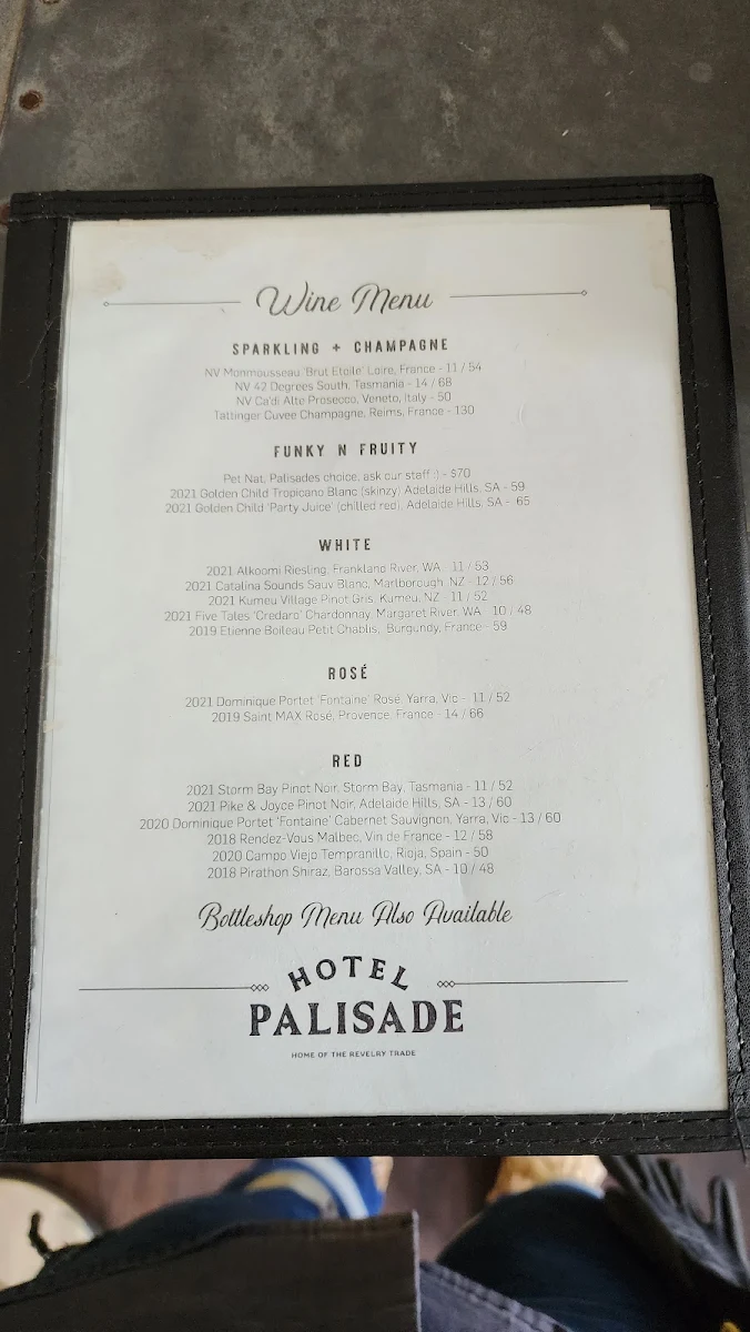 Menu, Hotel Palisade