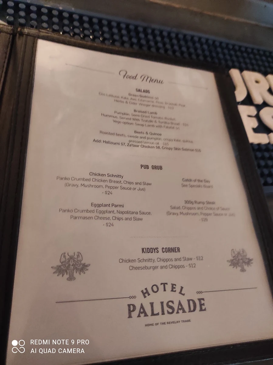 Menu, Hotel Palisade