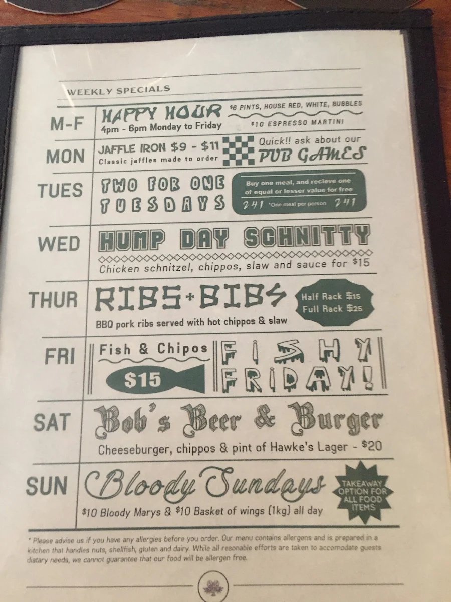 Menu, Hotel Palisade