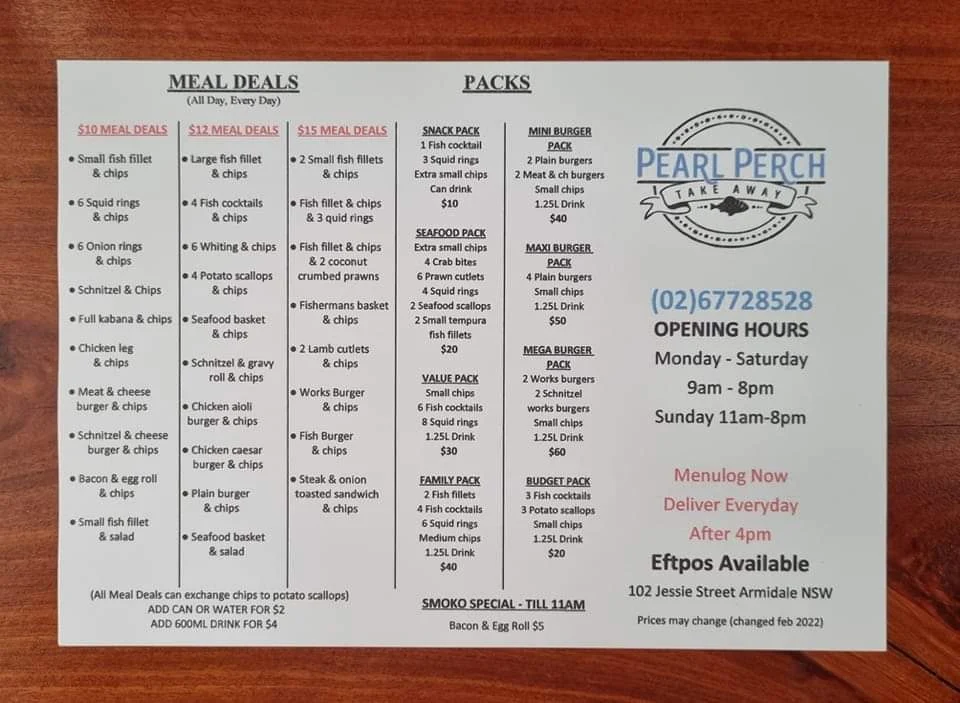 Menu, Pearl Perch Takeaway