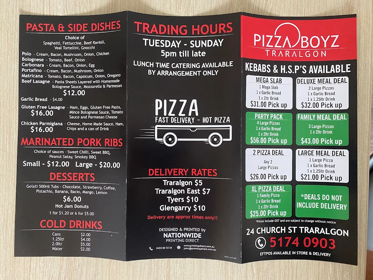 Menu, Pizza Boyz Traralgon