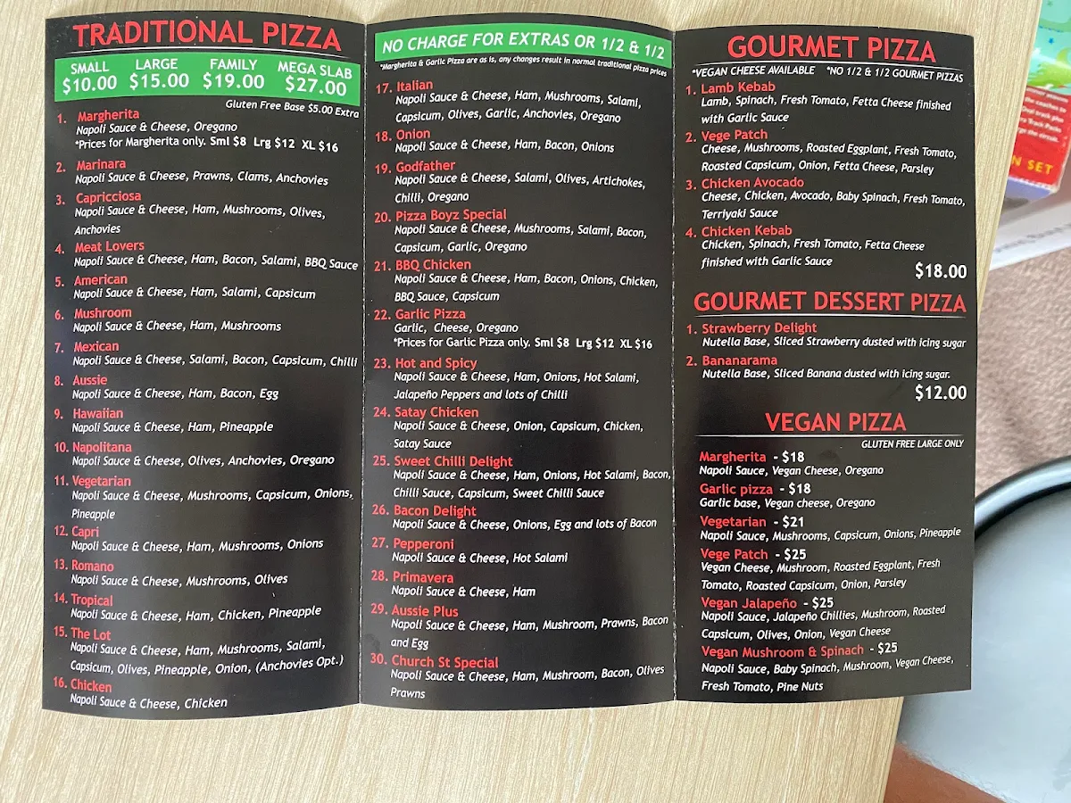 Menu, Pizza Boyz Traralgon