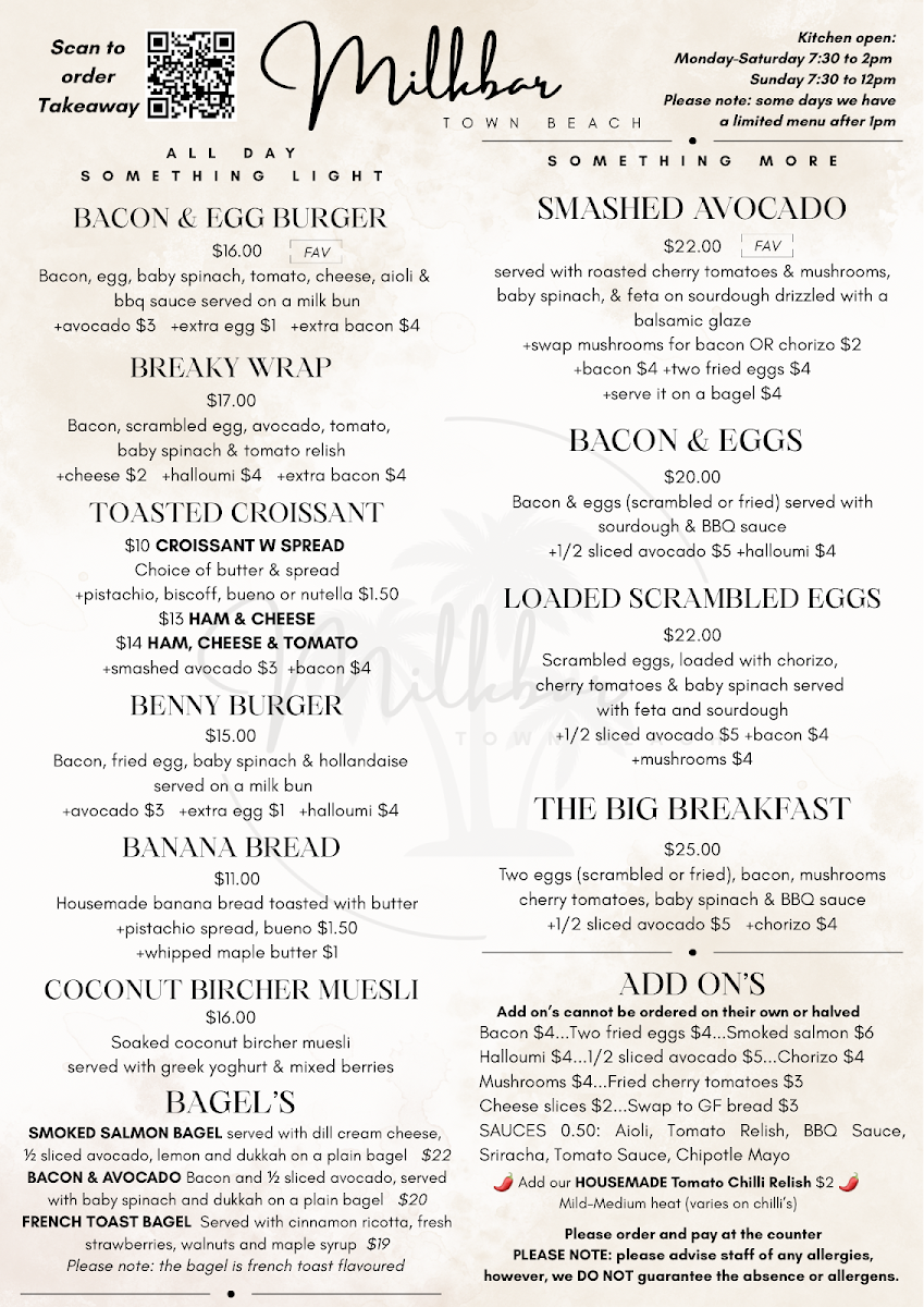 Menu, Milkbar Townbeach