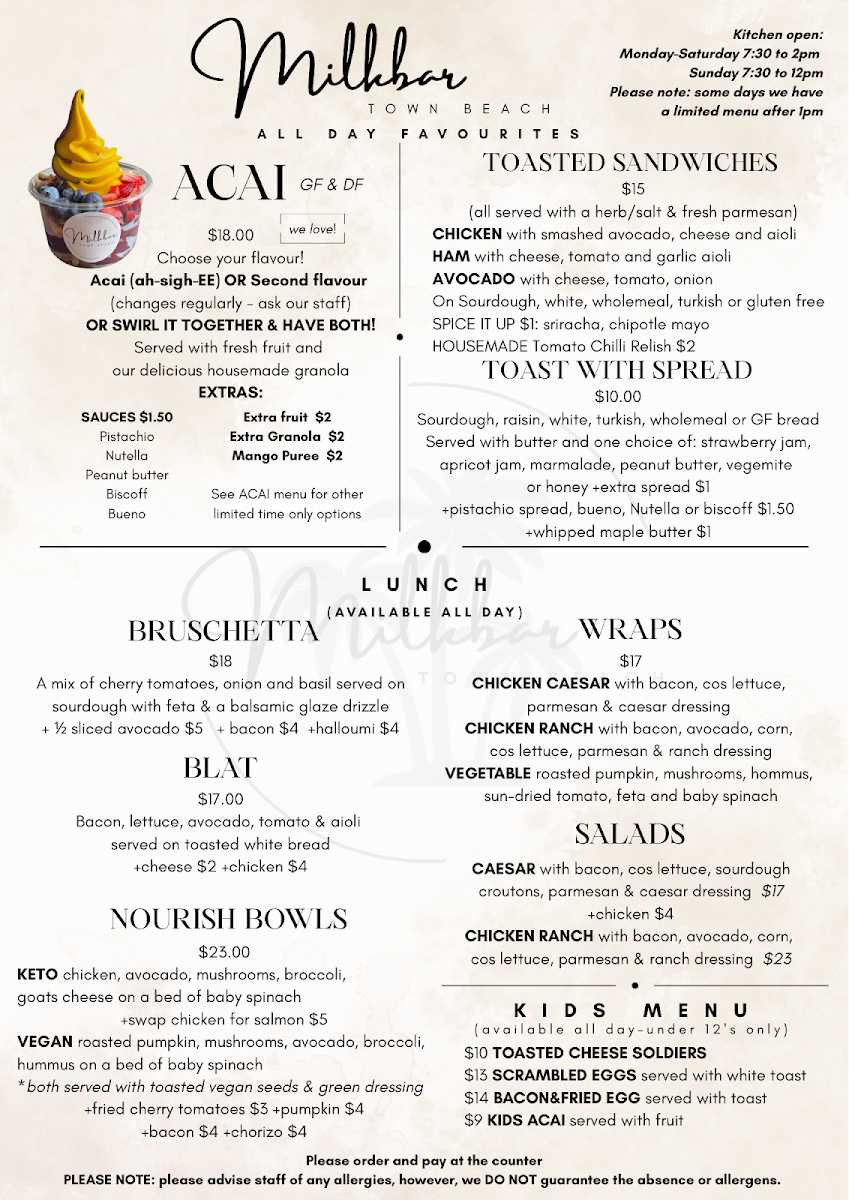 Menu, Milkbar Townbeach
