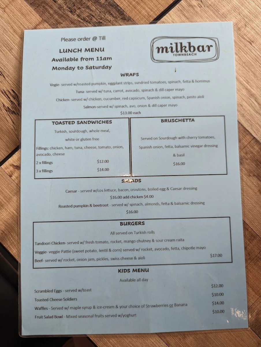 Menu, Milkbar Townbeach