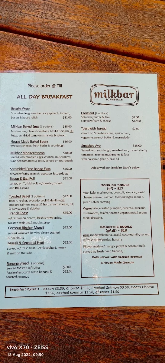 Menu, Milkbar Townbeach