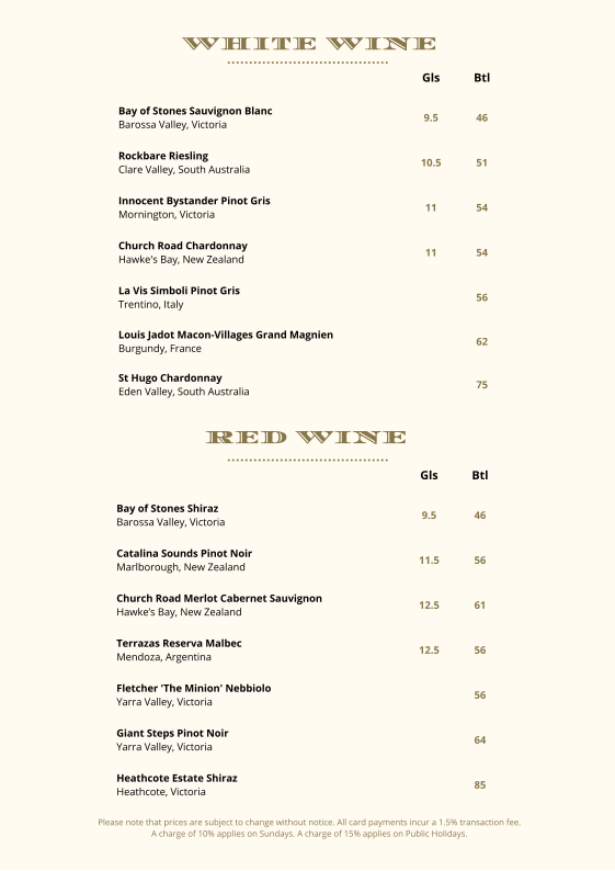 Menu, The Blacksmith Bar