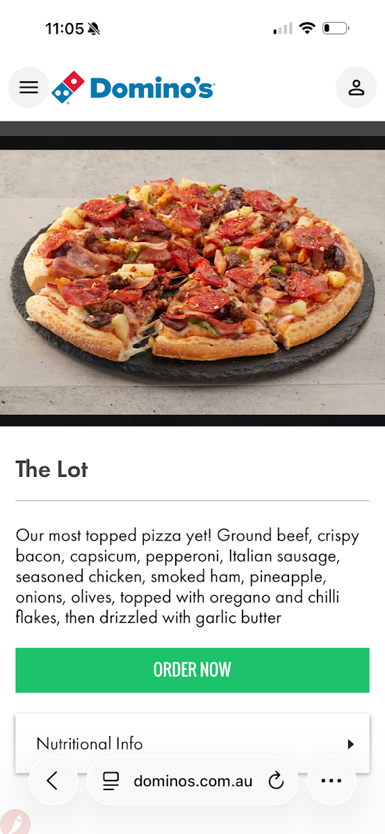 Menu, Domino's Pizza Rochedale (QLD)