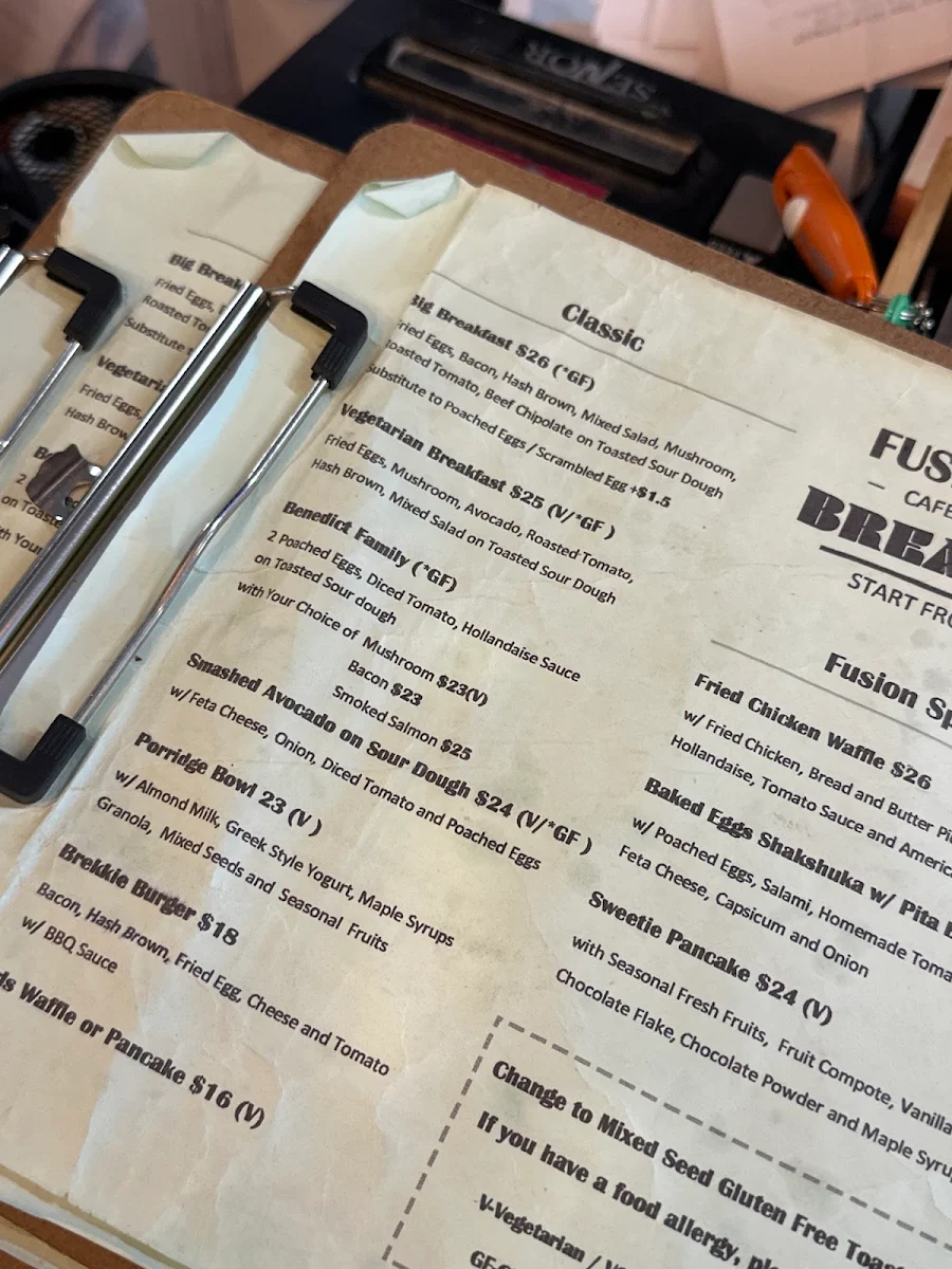Menu, Fusion Space Café and Restaurant
