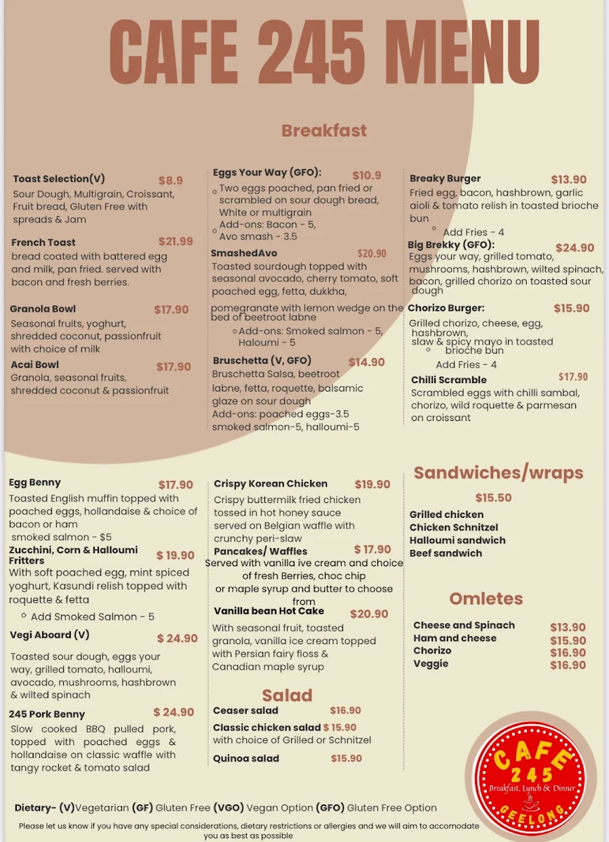 Menu, Cafe 245 Geelong