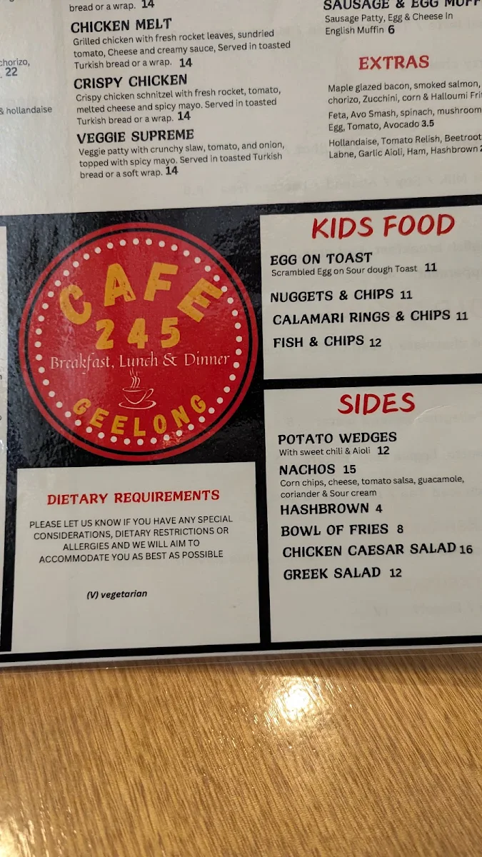 Menu, Cafe 245 Geelong
