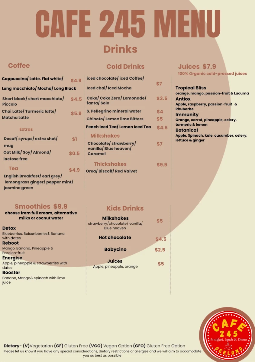 Menu, Cafe 245 Geelong