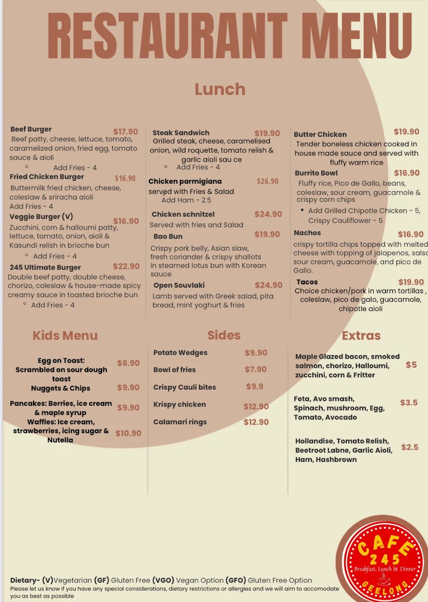 Menu, Cafe 245 Geelong