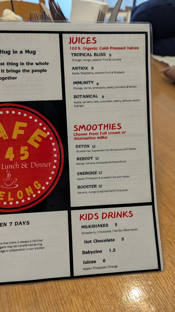 Menu, Cafe 245 Geelong