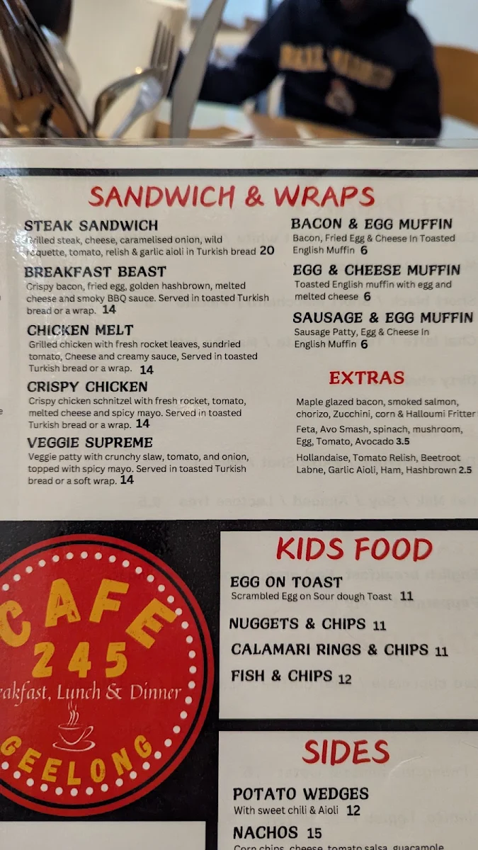 Menu, Cafe 245 Geelong