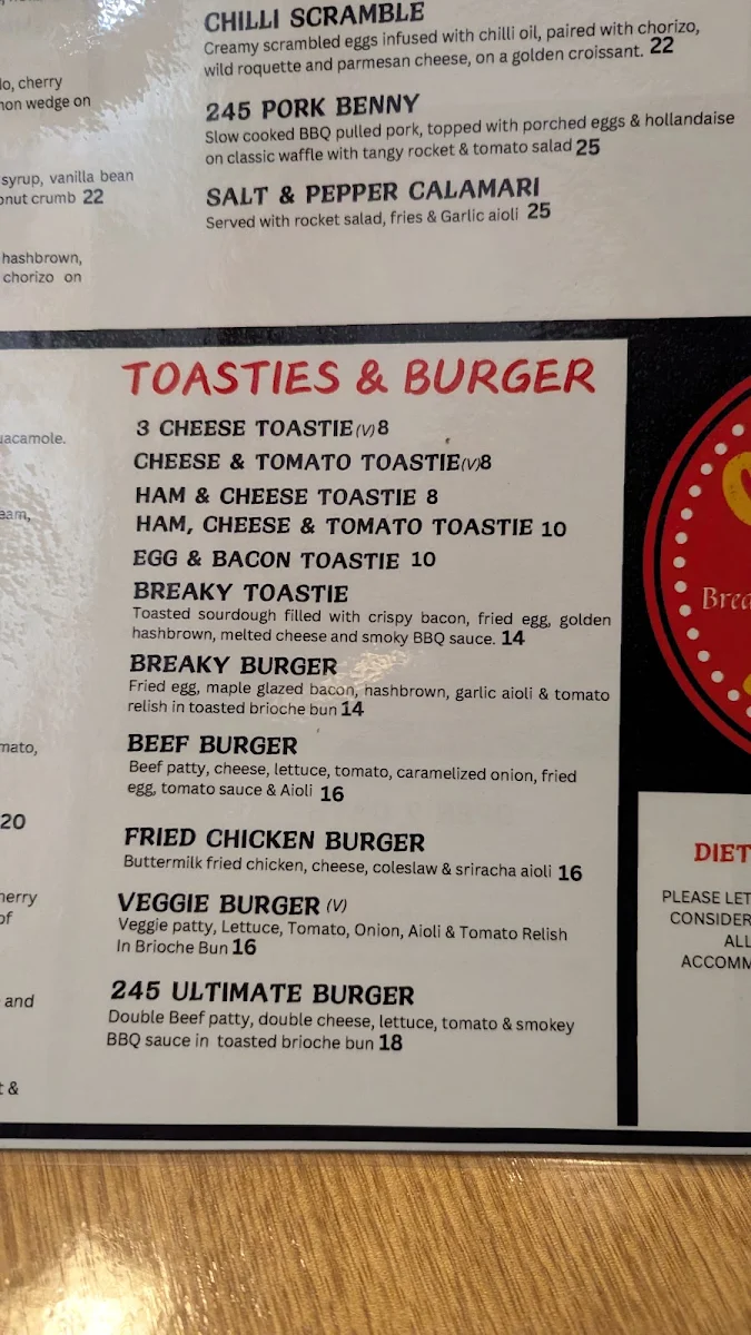 Menu, Cafe 245 Geelong