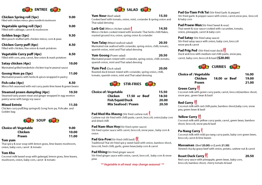 Menu, Pimento Thai Cuisine
