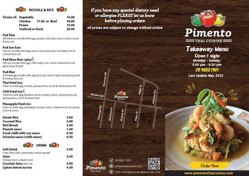 Menu, Pimento Thai Cuisine