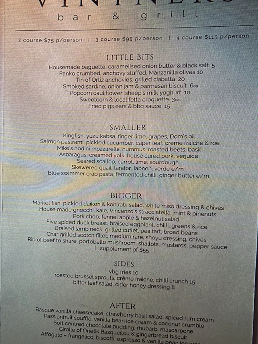 Menu, Vintners Bar & Grill