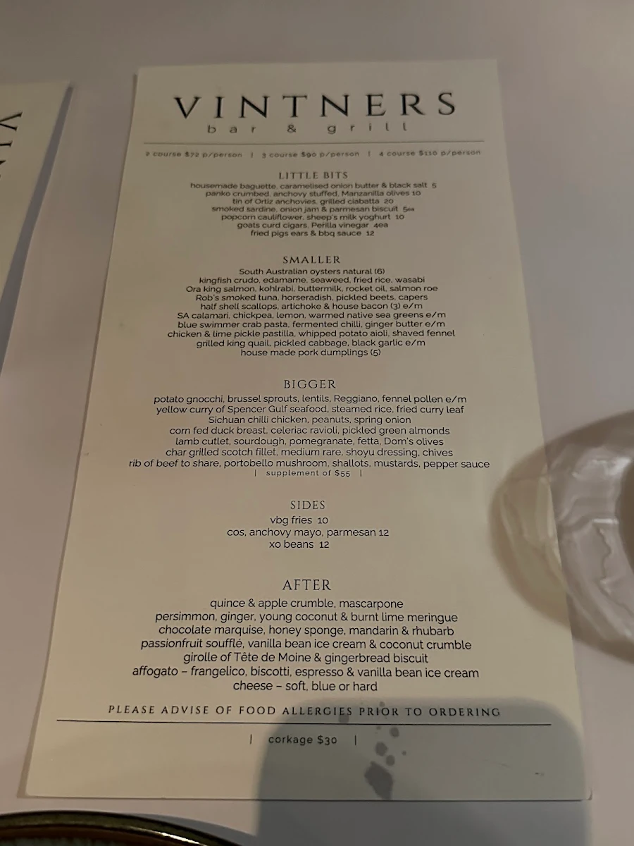 Menu, Vintners Bar & Grill