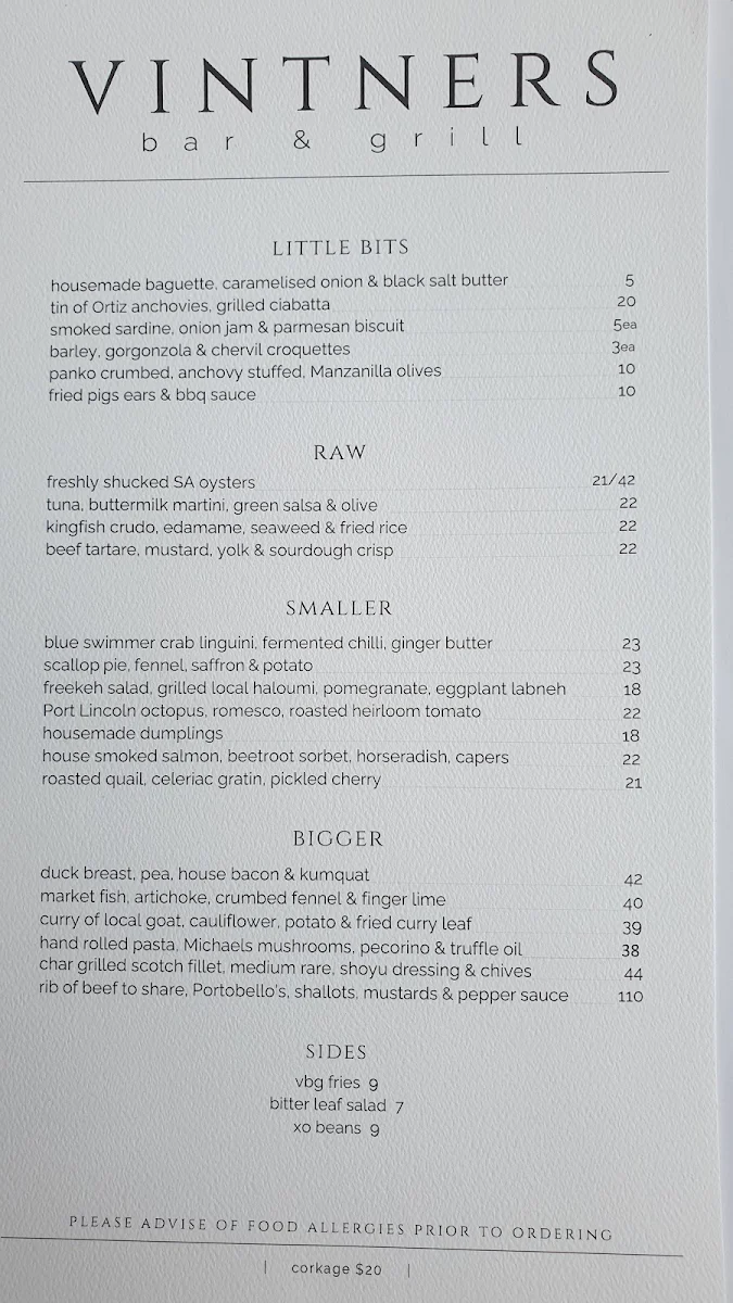 Menu, Vintners Bar & Grill