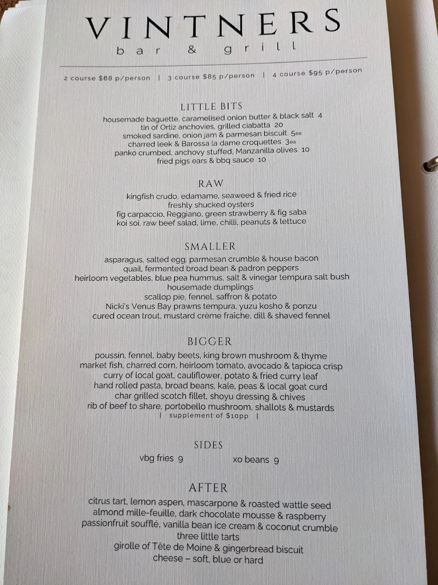 Menu, Vintners Bar & Grill