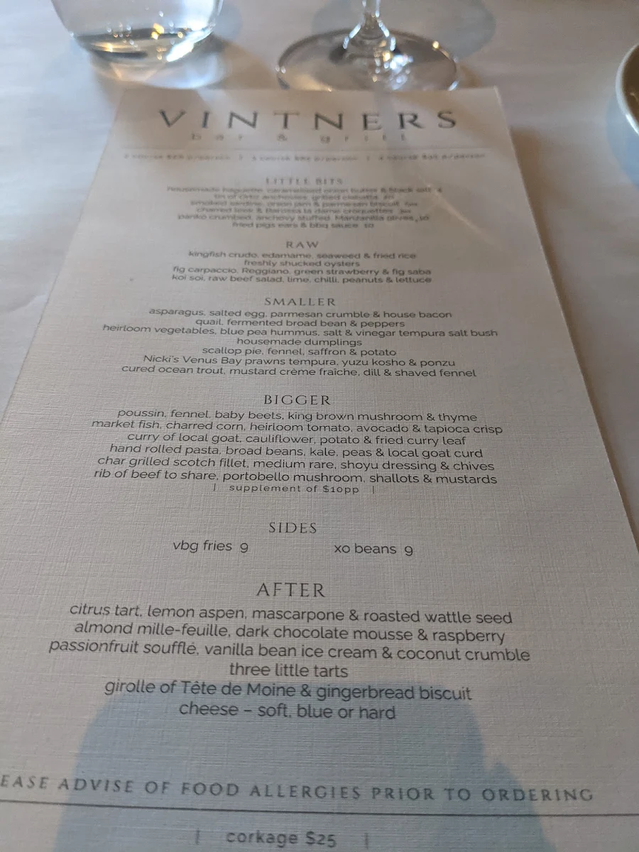 Menu, Vintners Bar & Grill