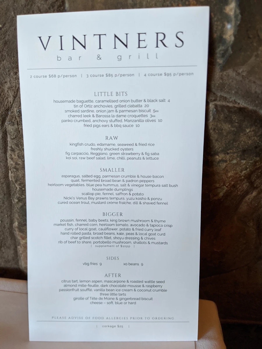 Menu, Vintners Bar & Grill