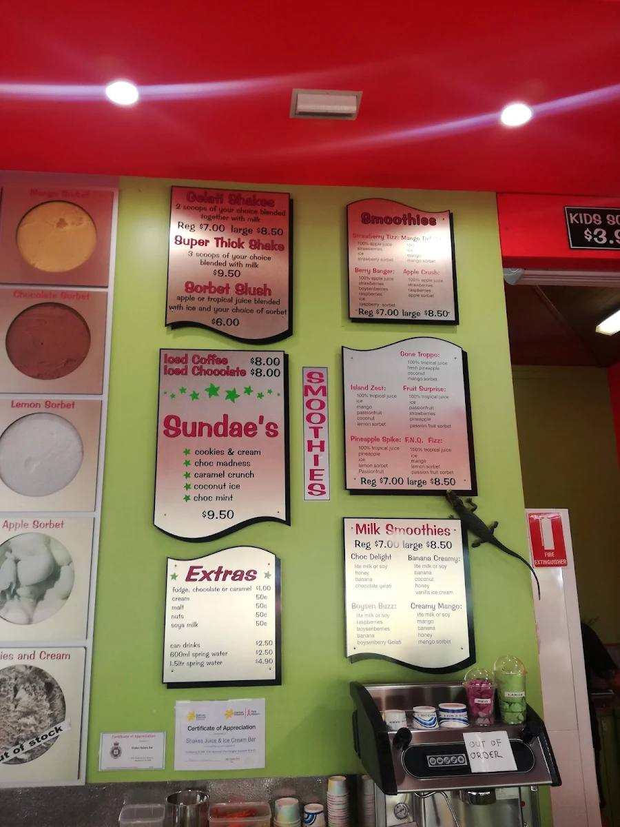 Menu, Shakes Ice Cream Bar Port Douglas