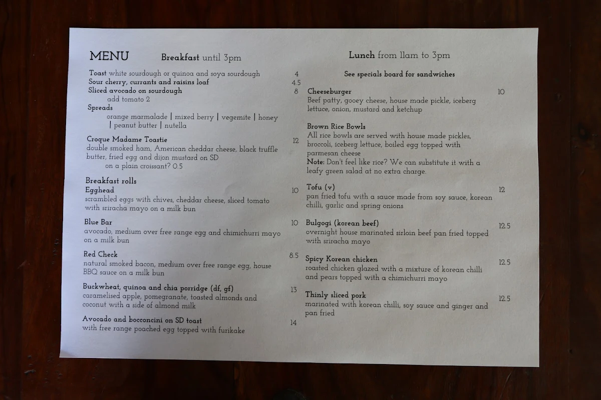 Menu, The Pigeonhole Cafe
