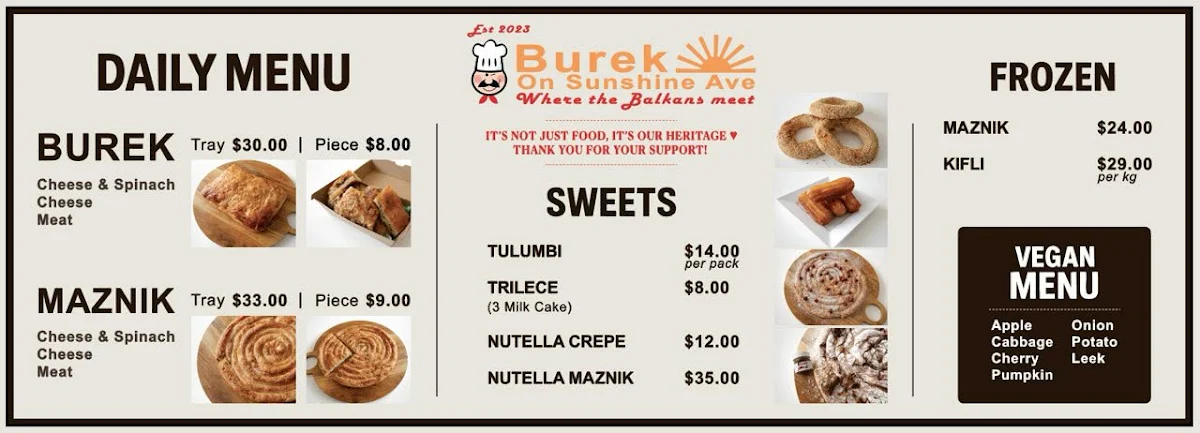Menu, Burek On Sunshine Ave