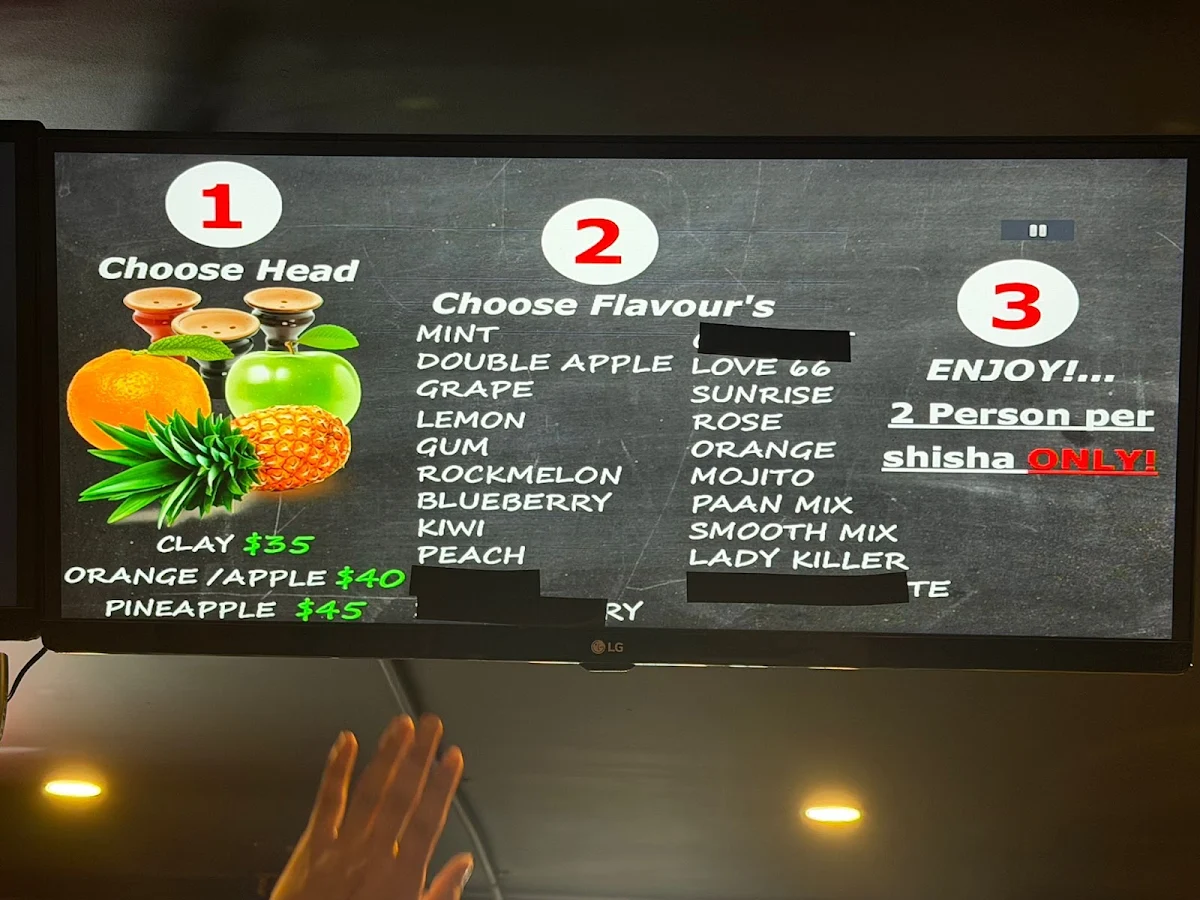 Menu, Night Sheesha and Food